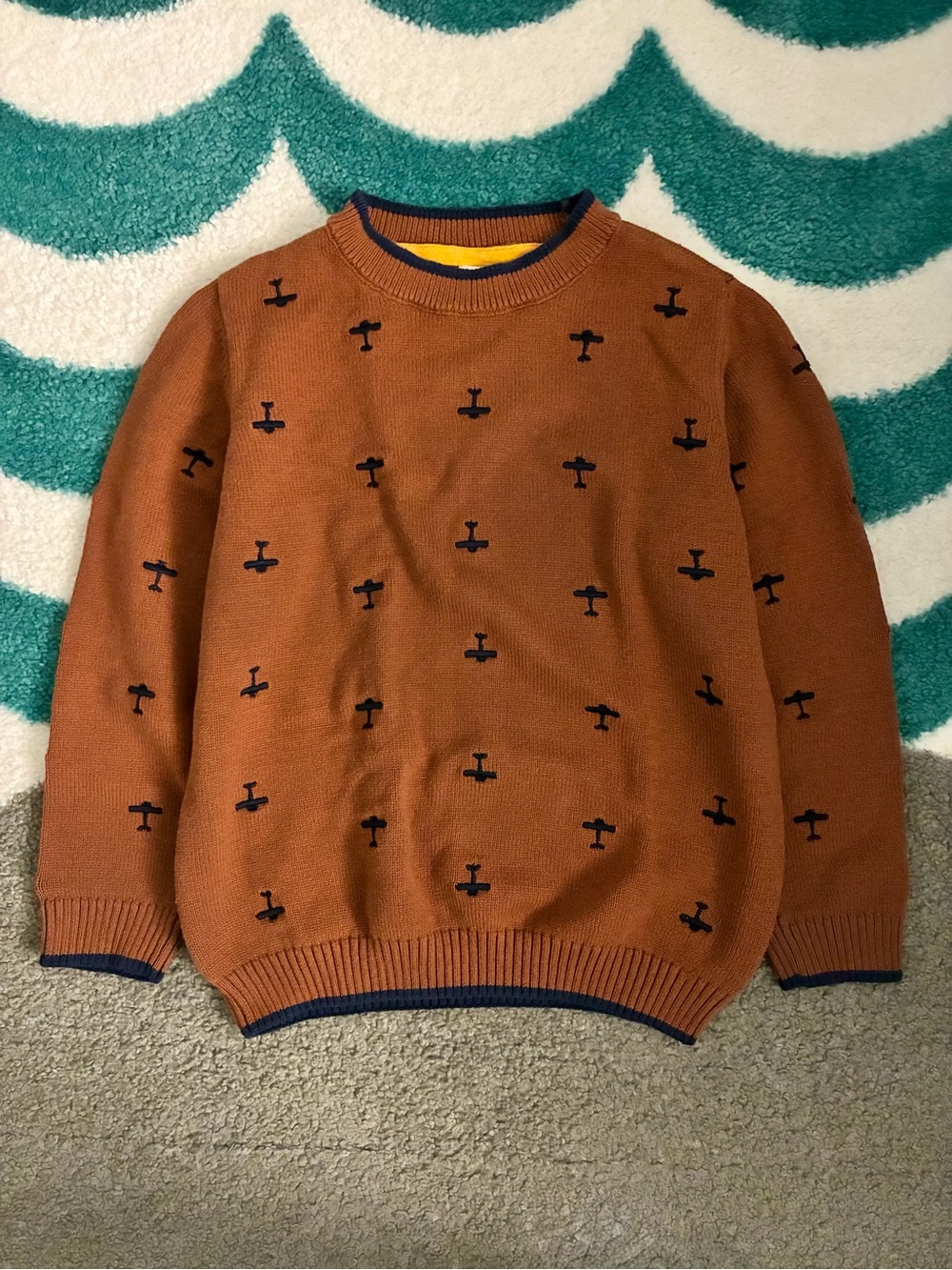 Gymboree Embroidered Planes Cotton Sweater (Cognac/Navy) Size 7